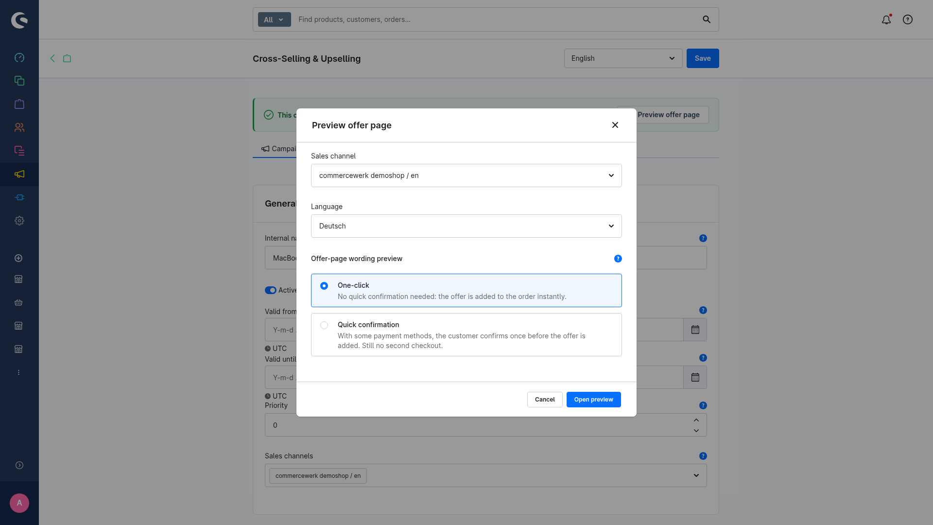 The offer page preview dialog