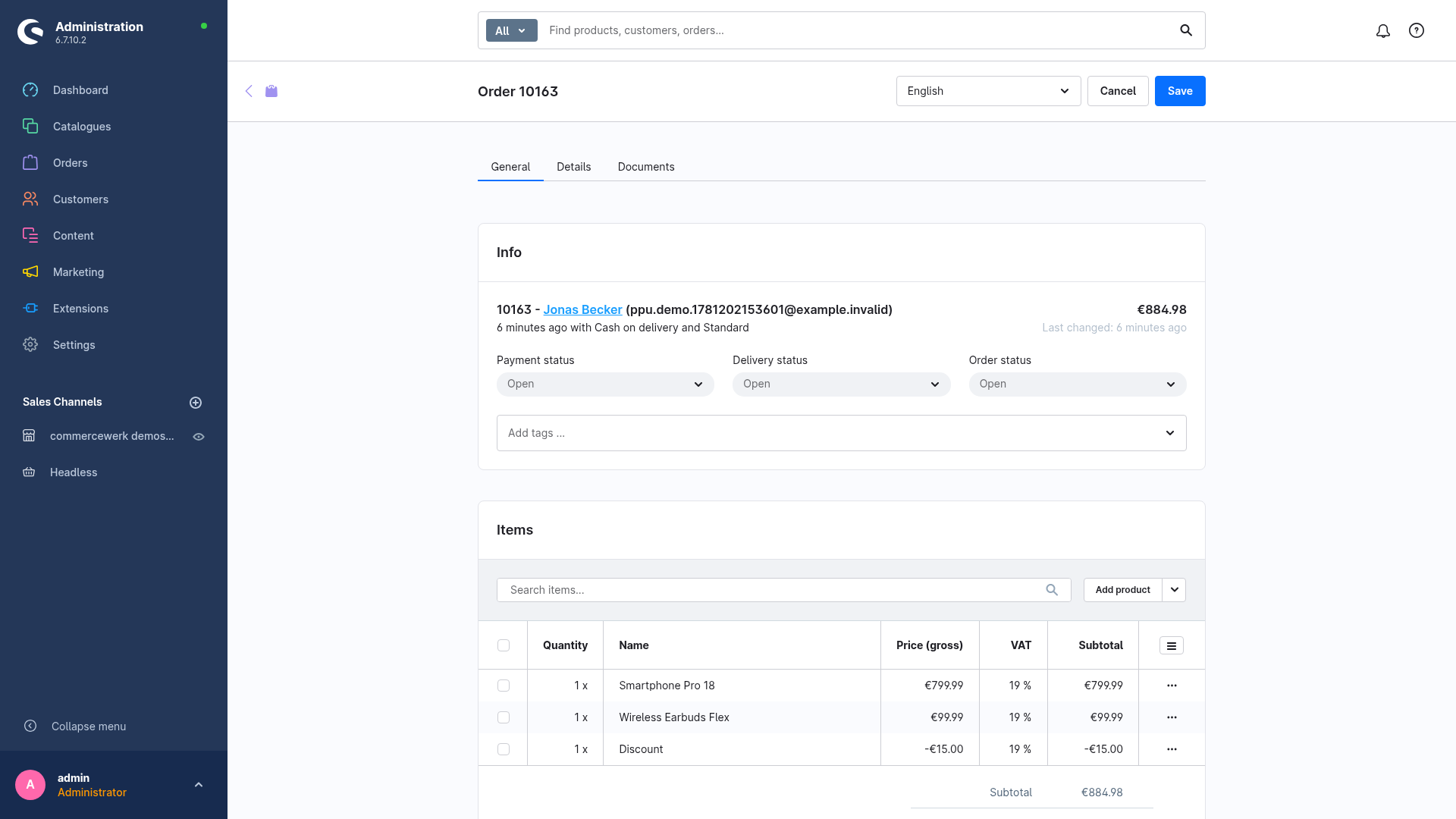 Order in the administration after an accepted upsell