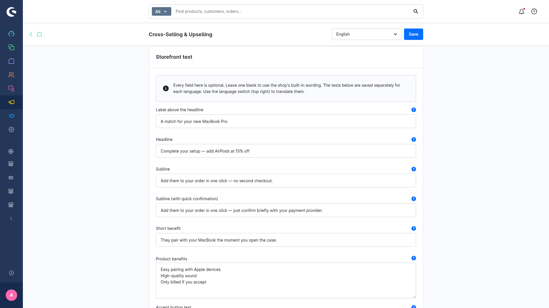 The offer page copy fields on the Offer tab