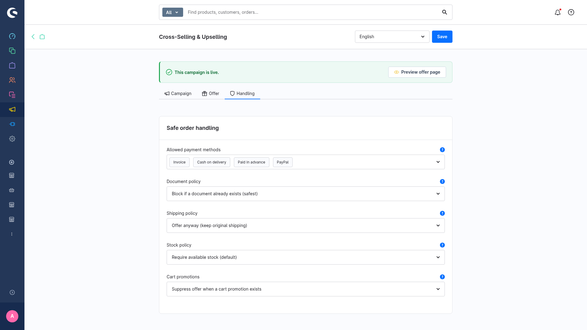 The Handling tab with the safety policies