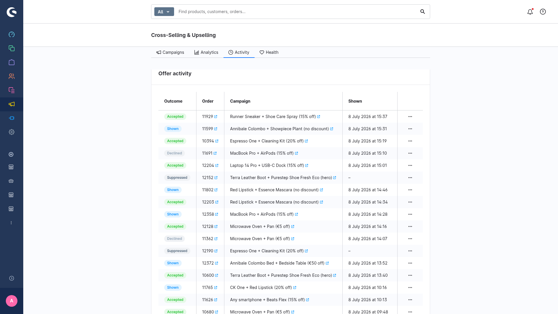 The Activity tab with the per-order feed