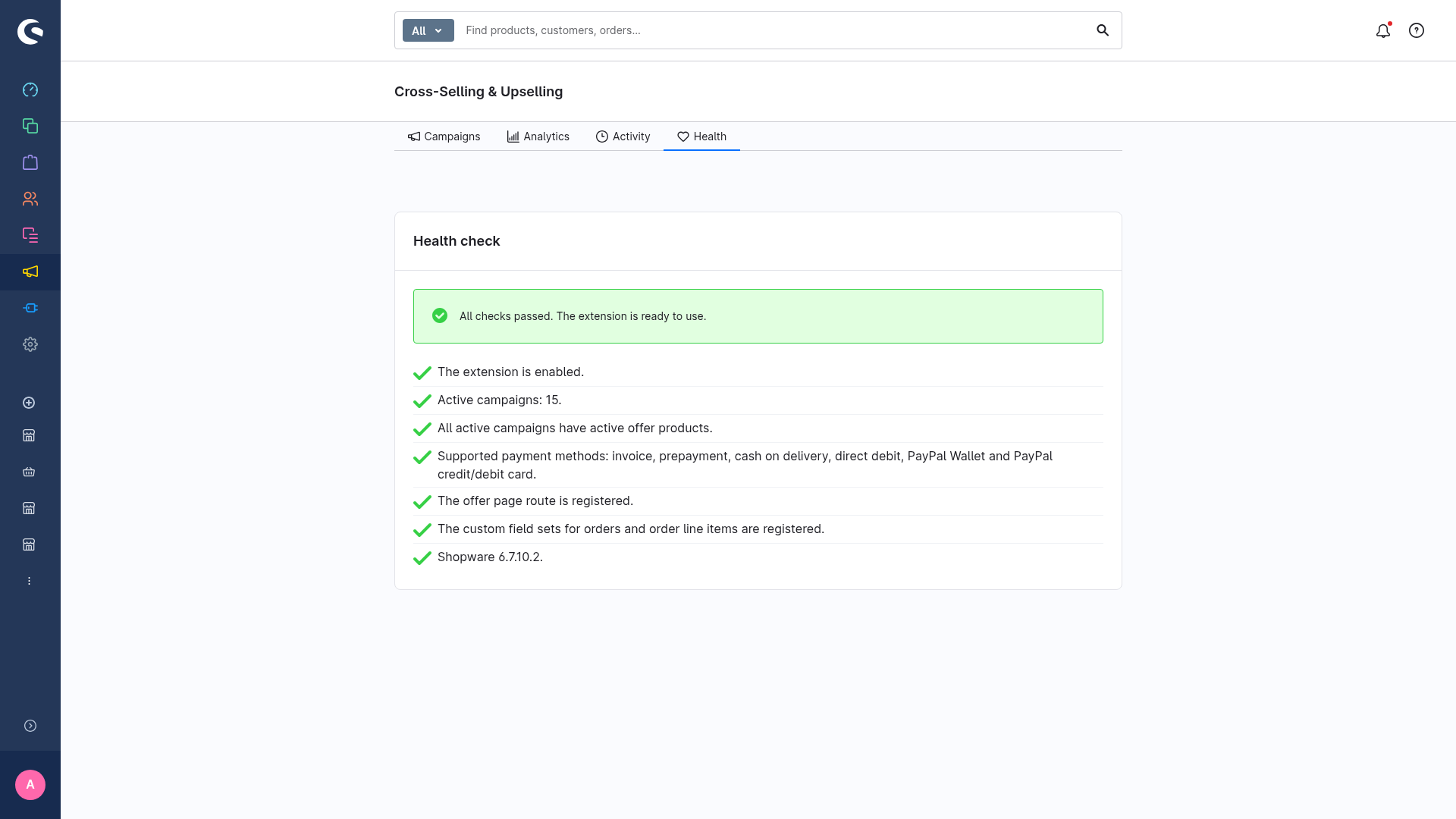 The Health tab with the system check