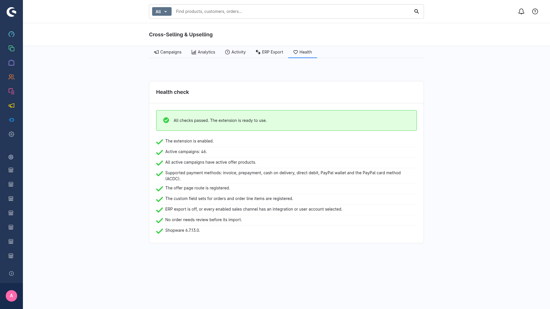 The Health tab with the ERP export checks