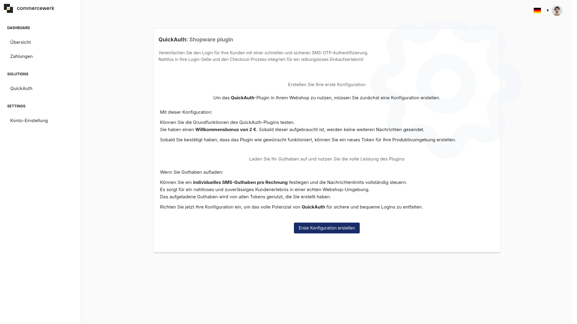 Die Ansicht QuickAuth mit der Schaltfläche Erste Konfiguration erstellen