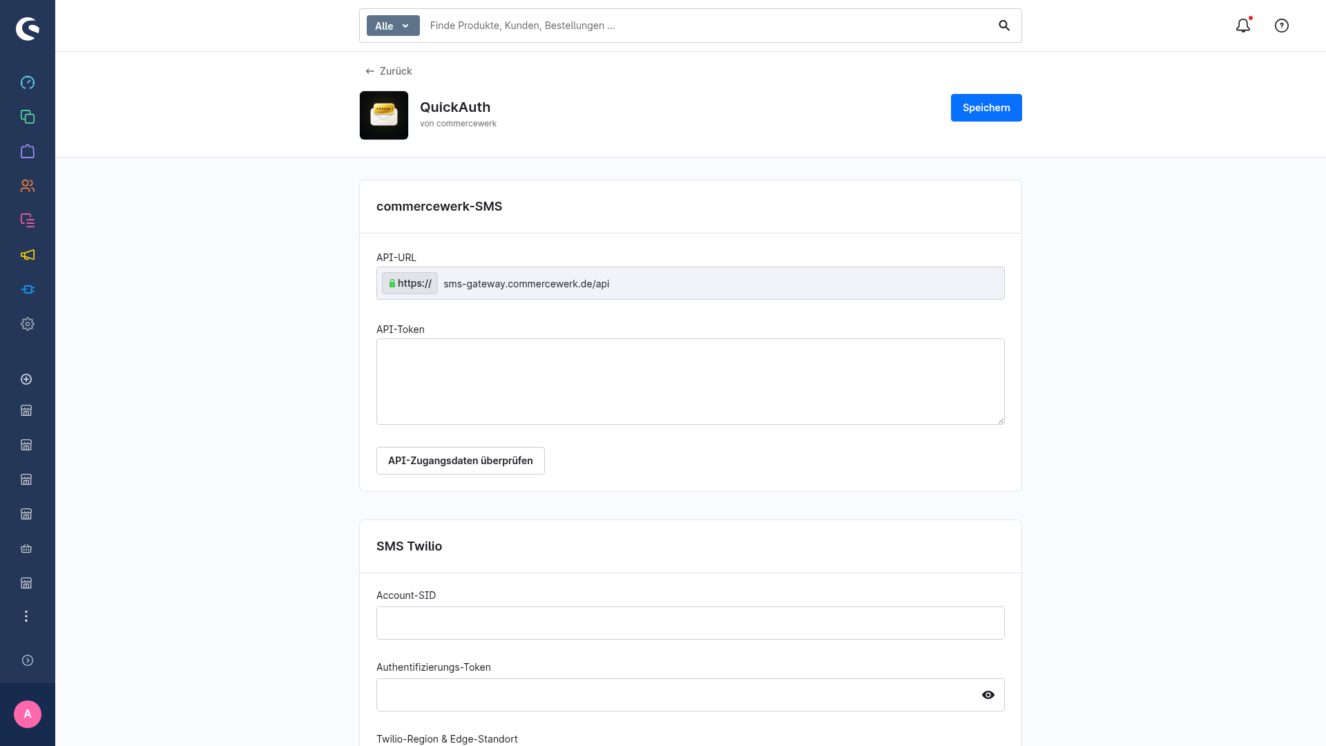 Die Karte commercewerk-SMS mit dem Feld API-Token und der Schaltfläche API-Zugangsdaten überprüfen