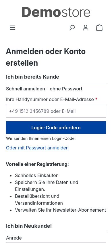 Das QuickAuth-Login-Formular auf einem Smartphone
