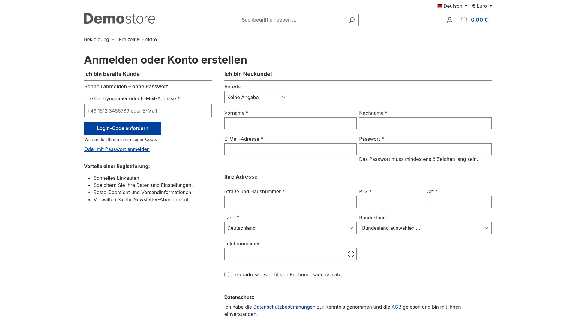 Die Anmeldeseite mit dem QuickAuth-Formular: Handynummer oder E-Mail-Adresse, Login-Code anfordern