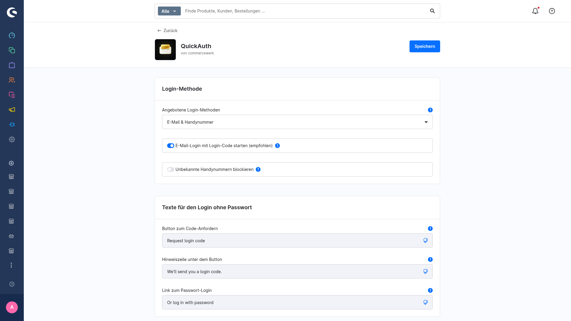 Die Karte Login-Methode mit E-Mail & Handynummer und den Login-Code-Schaltern