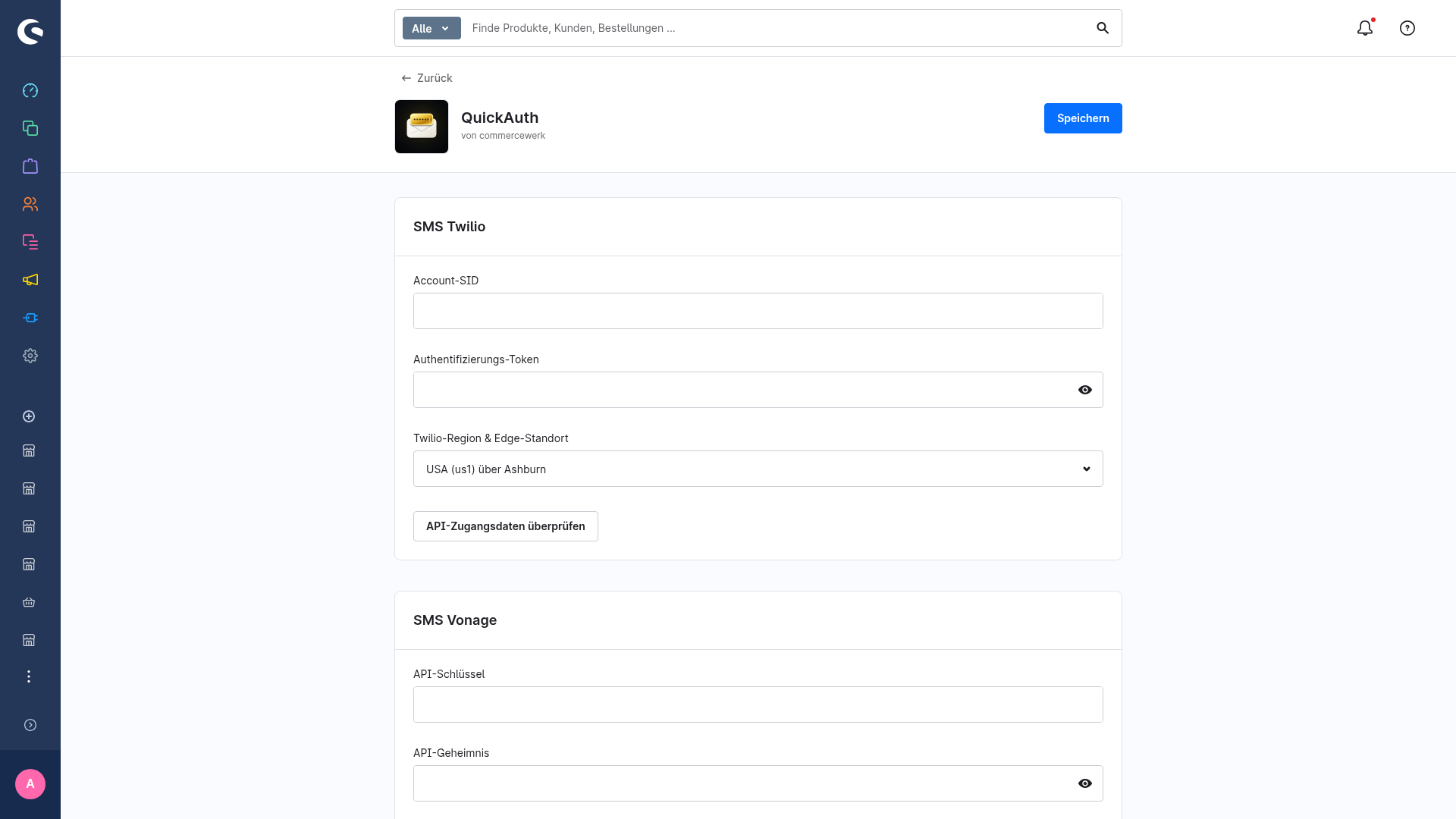 Die Karte SMS Twilio mit Account-SID, Authentifizierungs-Token und Twilio-Region & Edge-Standort