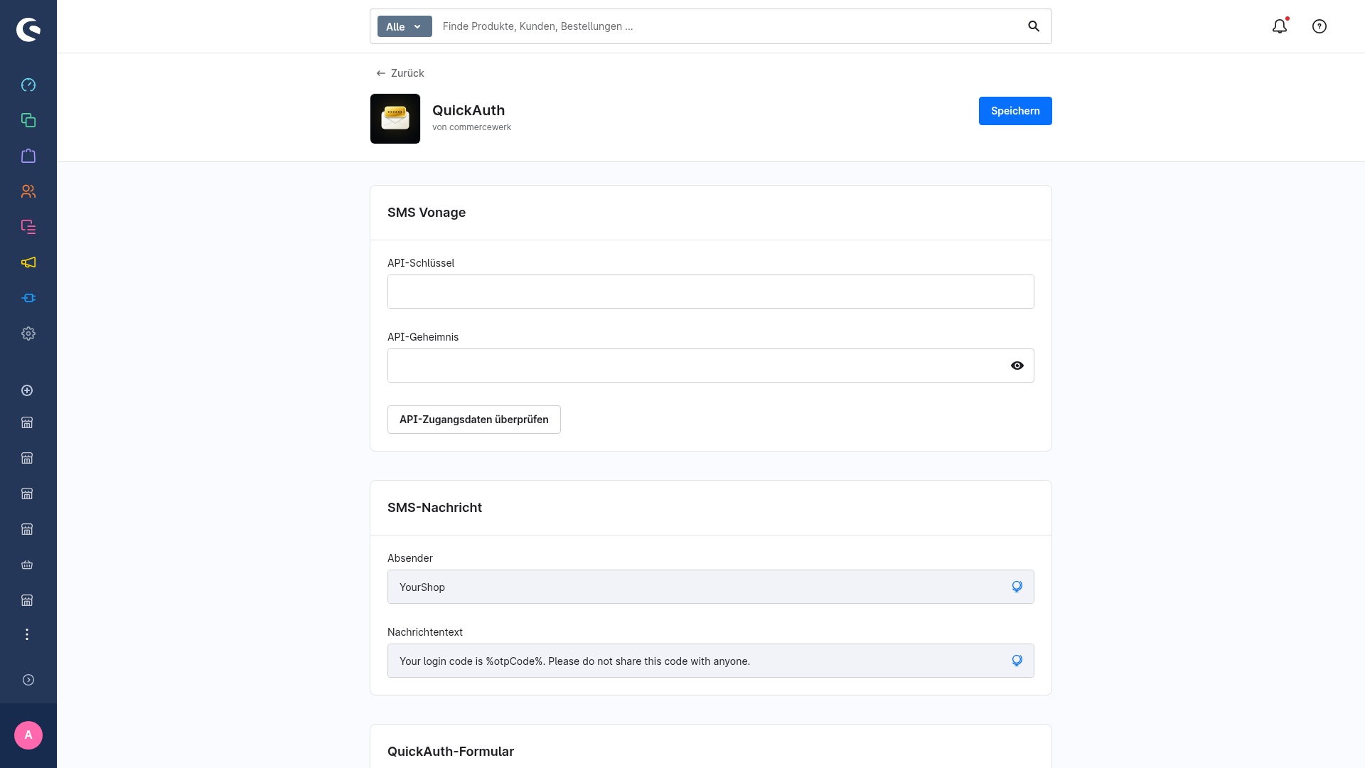 Die Karte SMS Vonage mit API-Schlüssel und API-Geheimnis