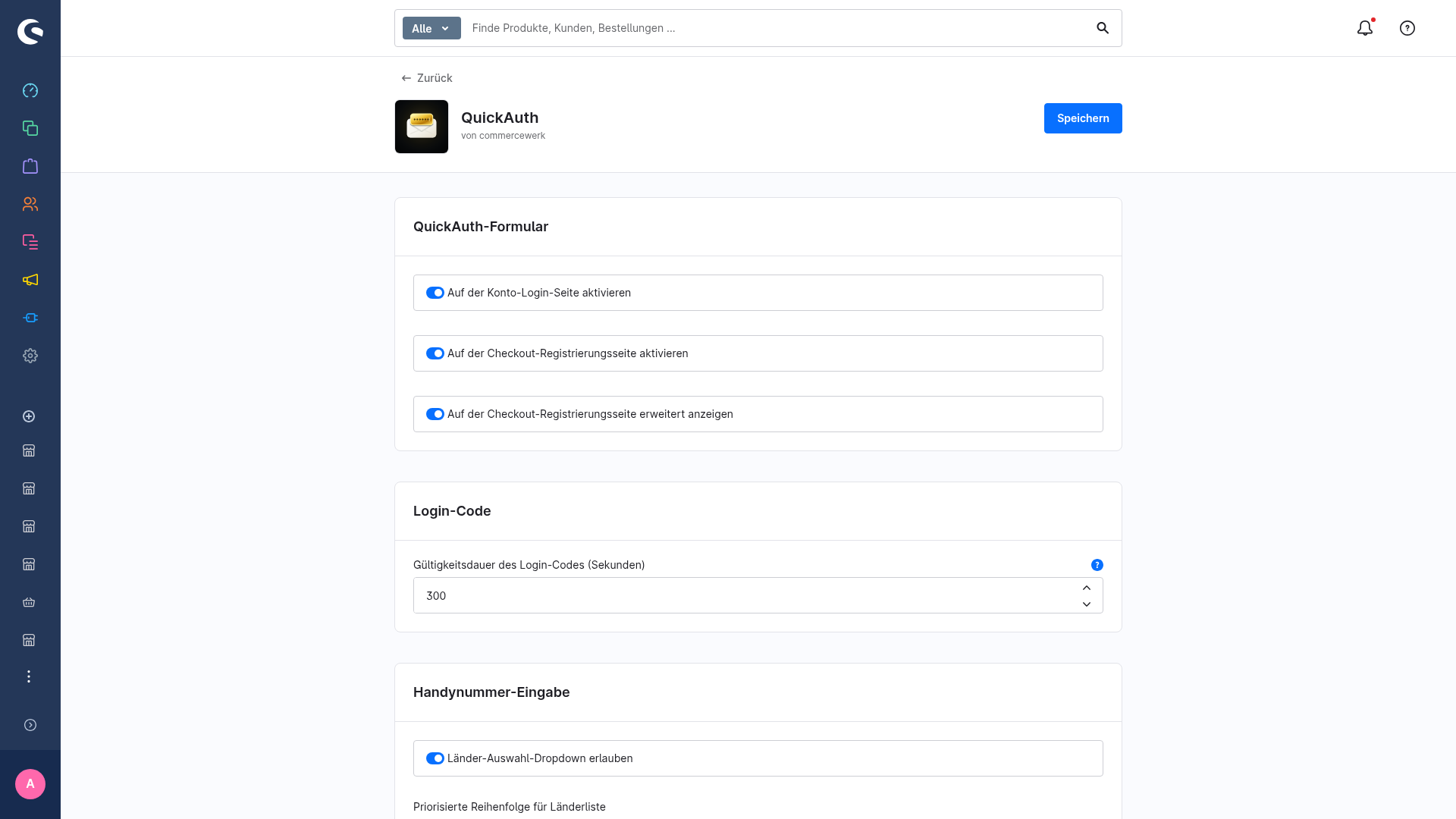 Die Karte QuickAuth-Formular mit den drei Aktivierungs- und Anzeige-Schaltern