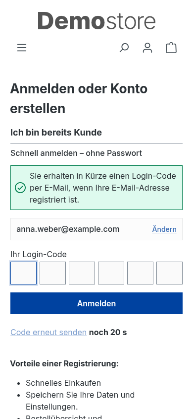 Der mobile Code-Eingabeschritt mit sechs Login-Code-Feldern und sichtbarem Link zum erneuten Senden