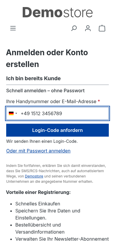 Das QuickAuth-Formular mit dem rechtlichen Hinweis unter einer Handynummer