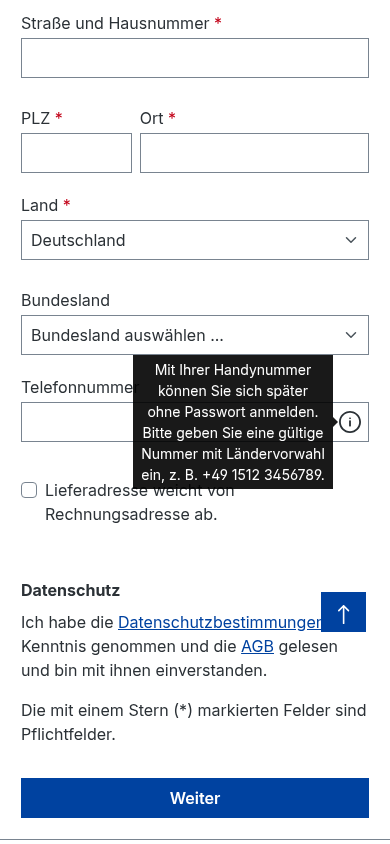 Das Telefonfeld der Registrierung mit geöffnetem Handynummer-Hinweis