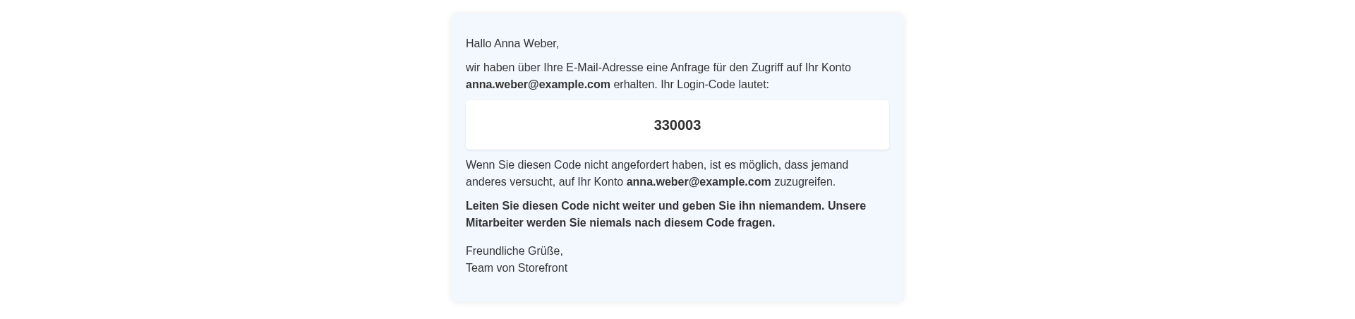 Die Login-Code-E-Mail mit dem sechsstelligen Code und dem Hinweis, ihn nicht weiterzugeben