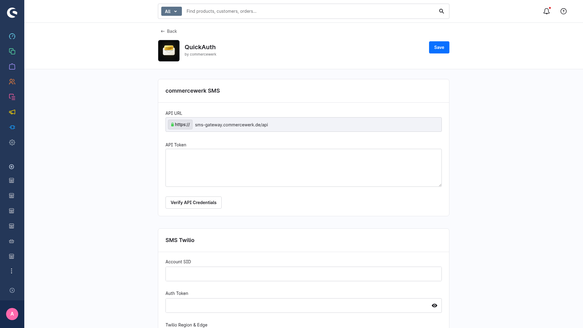 The commercewerk SMS card showing the API Token field and Verify API Credentials button