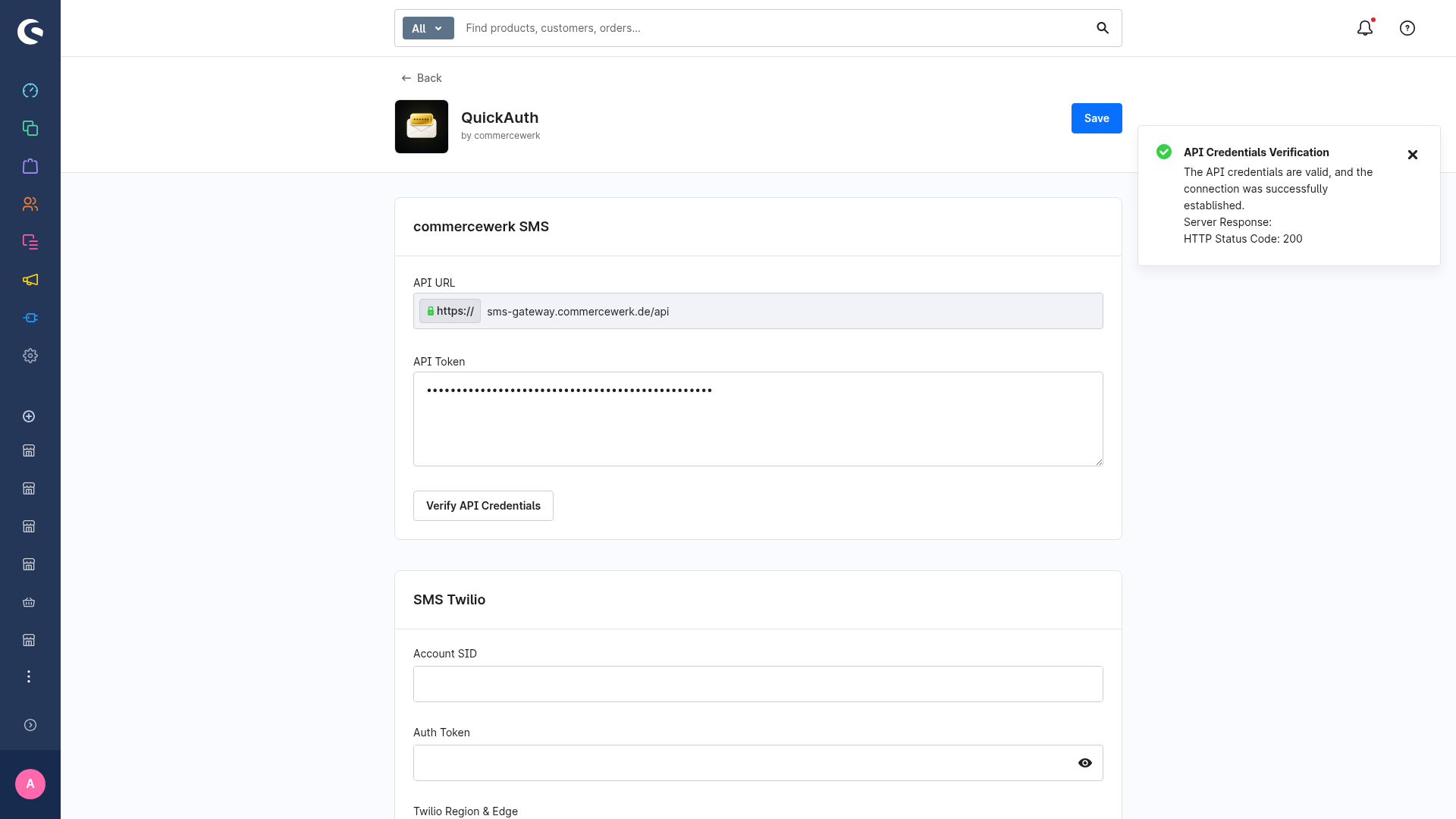 The success popup confirming valid API credentials and a successful connection