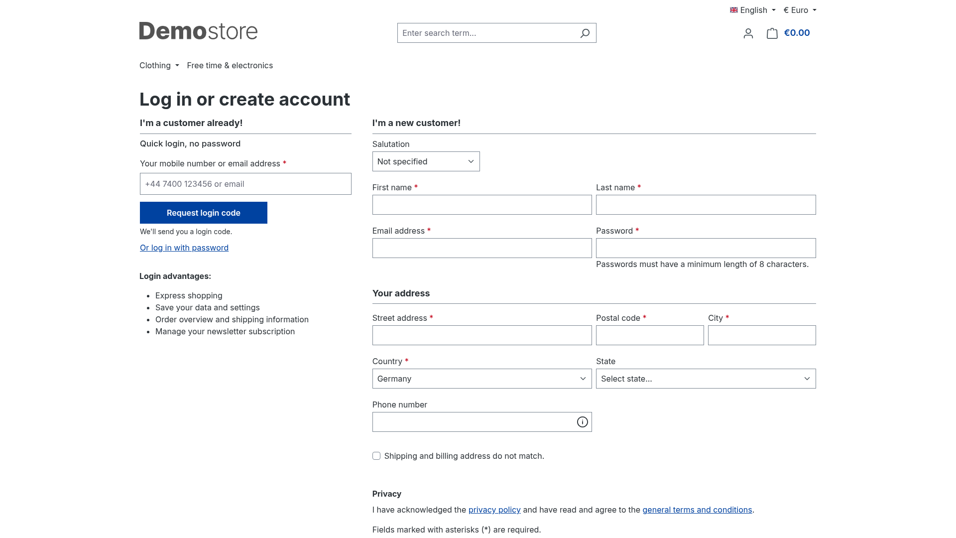 The account login page with the QuickAuth form: mobile number or email address, Request login code