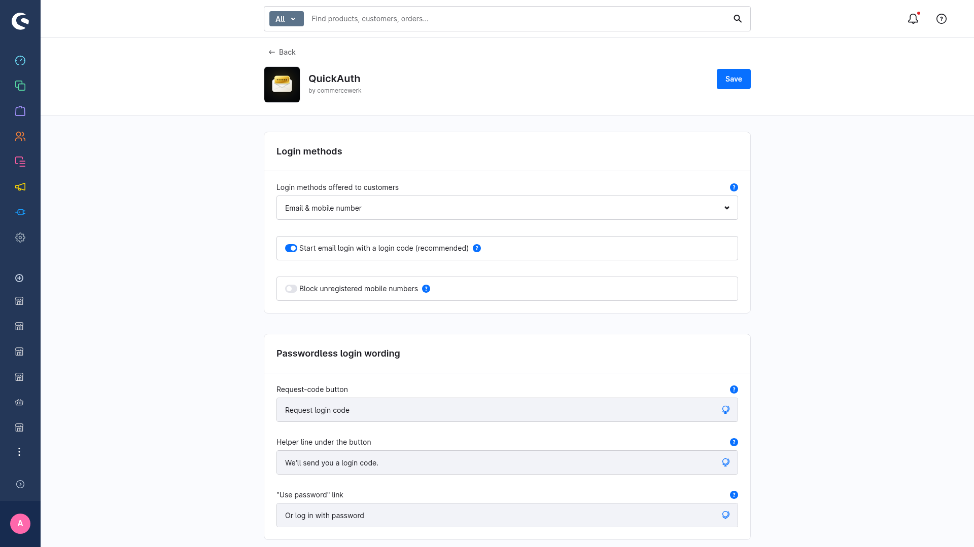 The Login methods card with Email & mobile number and login code toggles