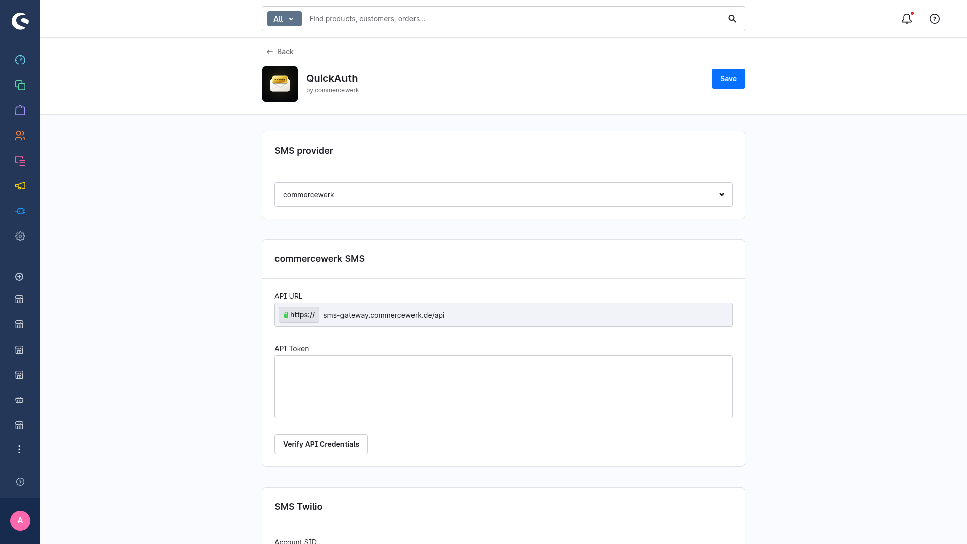 The SMS provider selector set to commercewerk