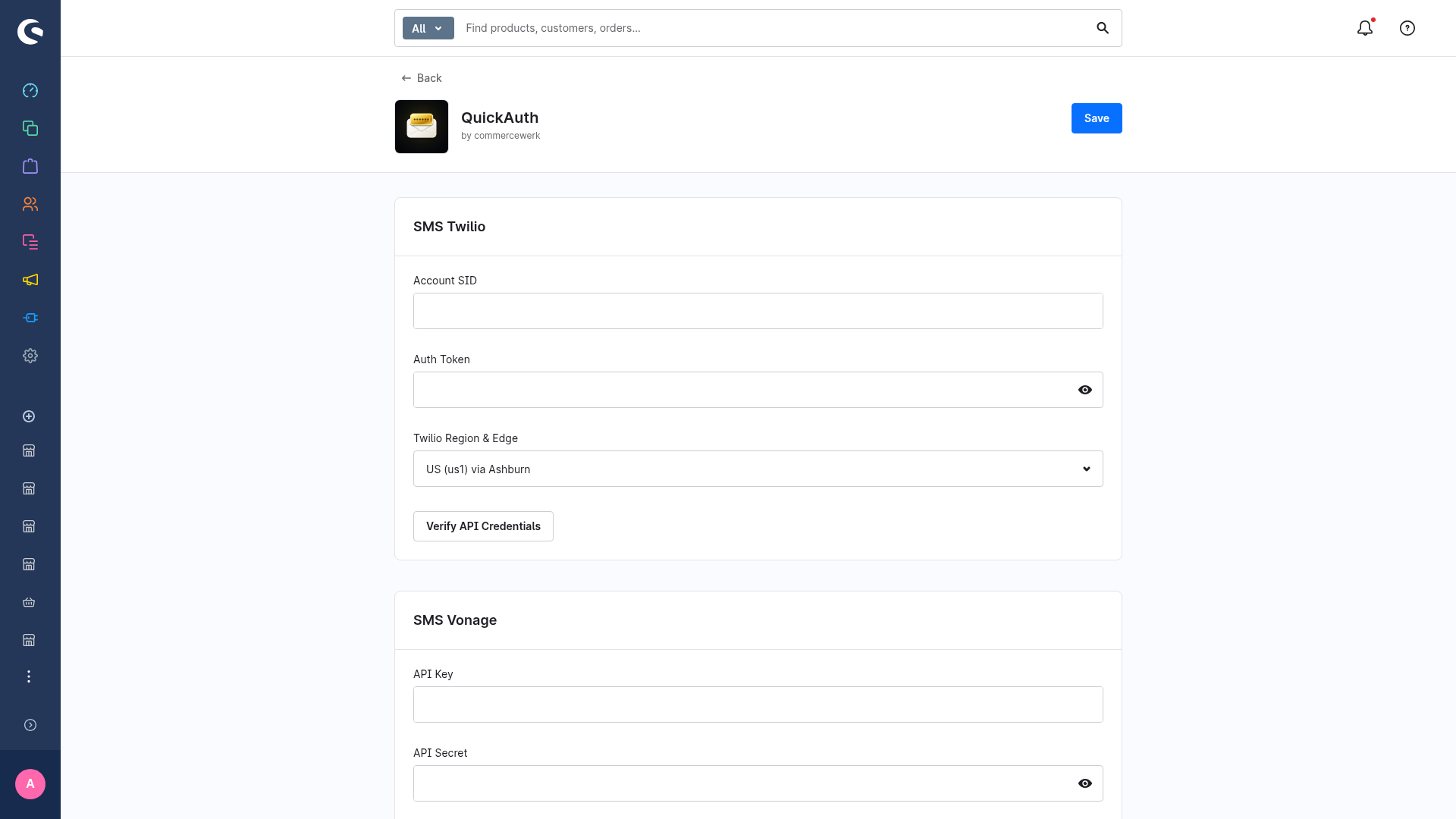 The SMS Twilio card with Account SID, Auth Token and Twilio Region & Edge