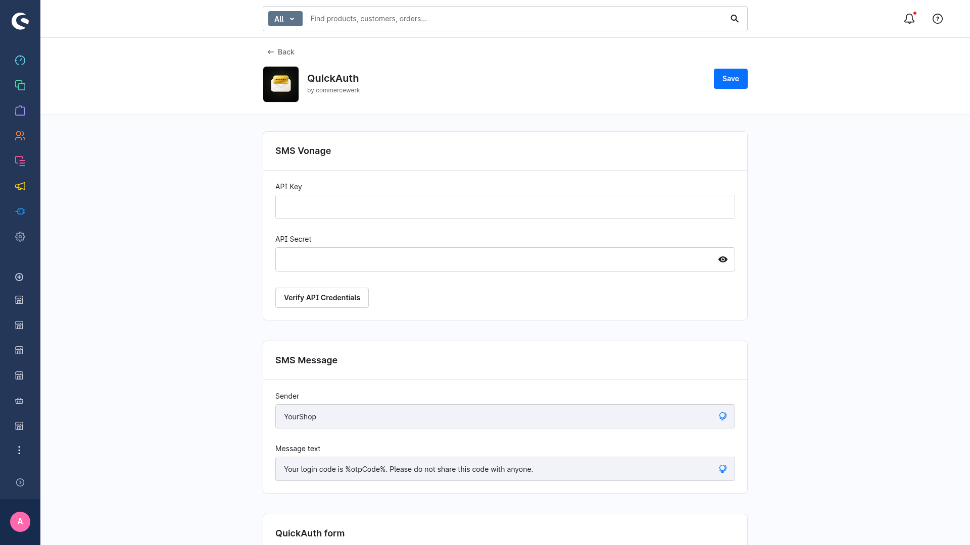 The SMS Vonage card with API Key and API Secret