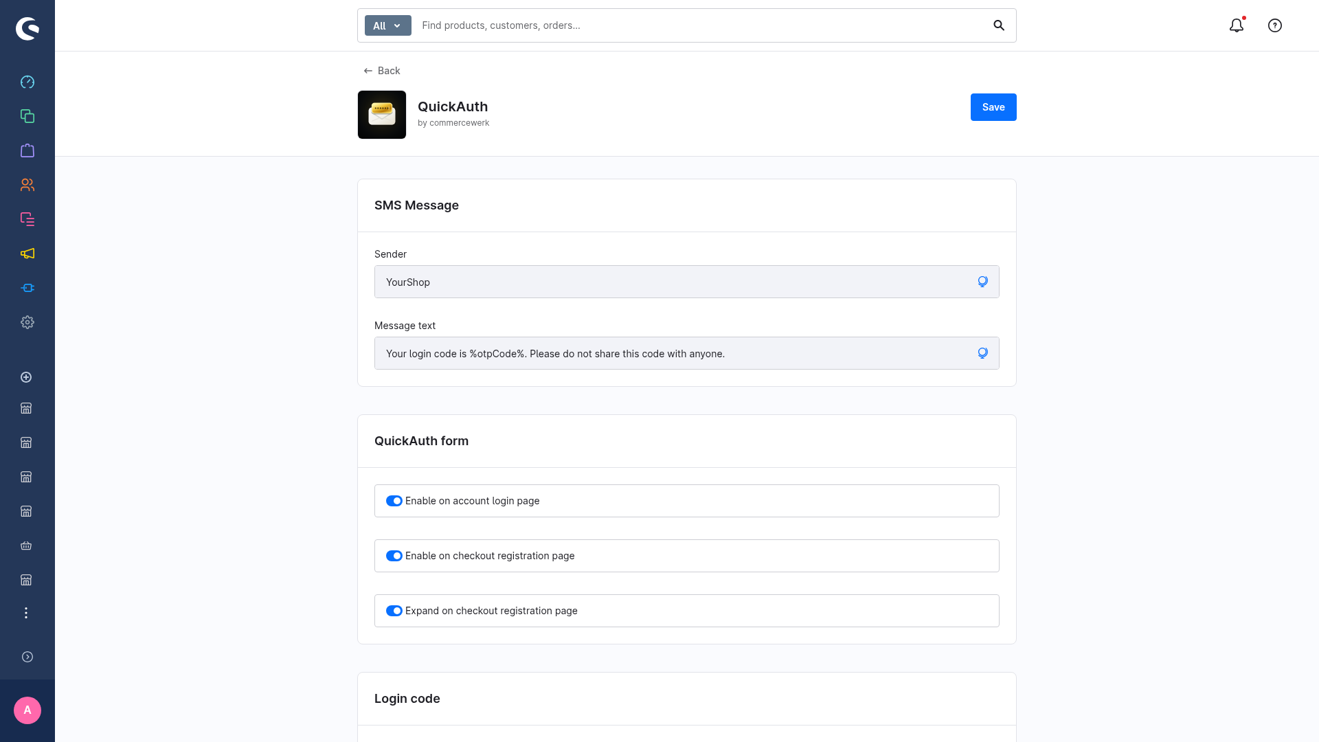 The SMS Message card with Sender and Message text fields