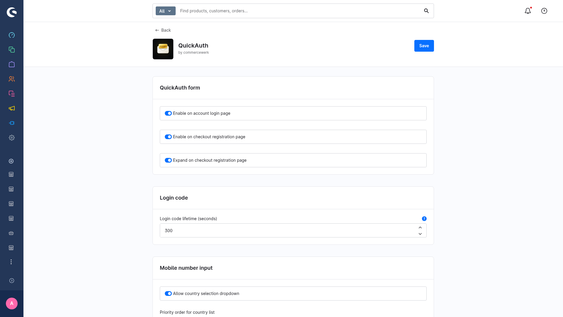 The QuickAuth form card with its three enable and expand toggles