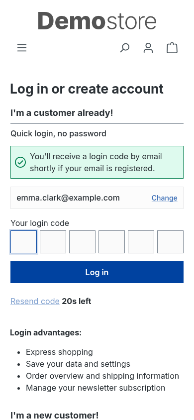 The mobile code-entry step with six login code fields and a visible Resend code link
