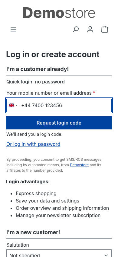 The QuickAuth form with the legal notice below a mobile number