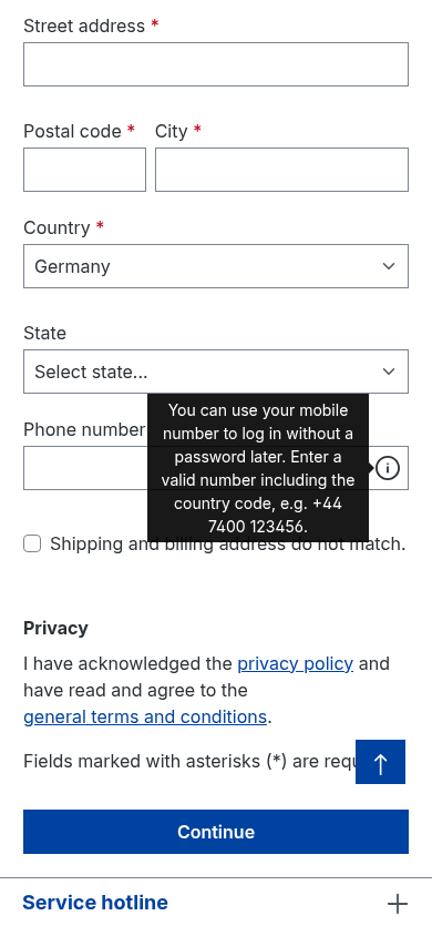 The registration phone field with the mobile-number tooltip open