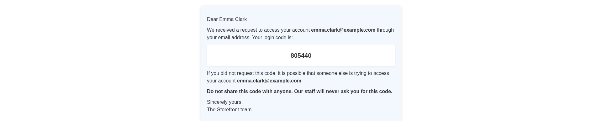 The login code e-mail with the six-digit code and the warning not to share it