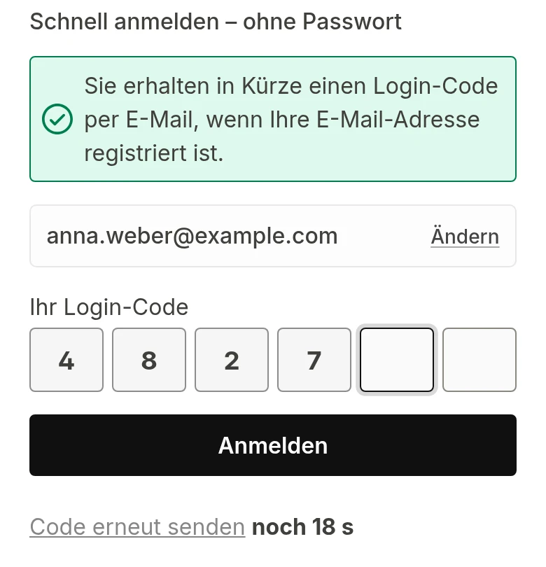 Login-Code-Eingabe im Checkout des Demo-Shops: sechsstelliger Code statt Passwort