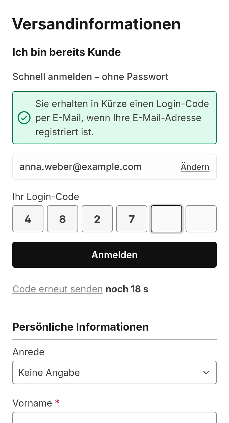 Login-Code-Eingabe im Checkout des Demo-Shops: sechsstelliger Code statt Passwort