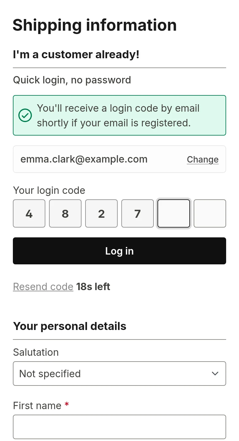 Login code entry in the demo shop checkout: a six-digit code instead of a password