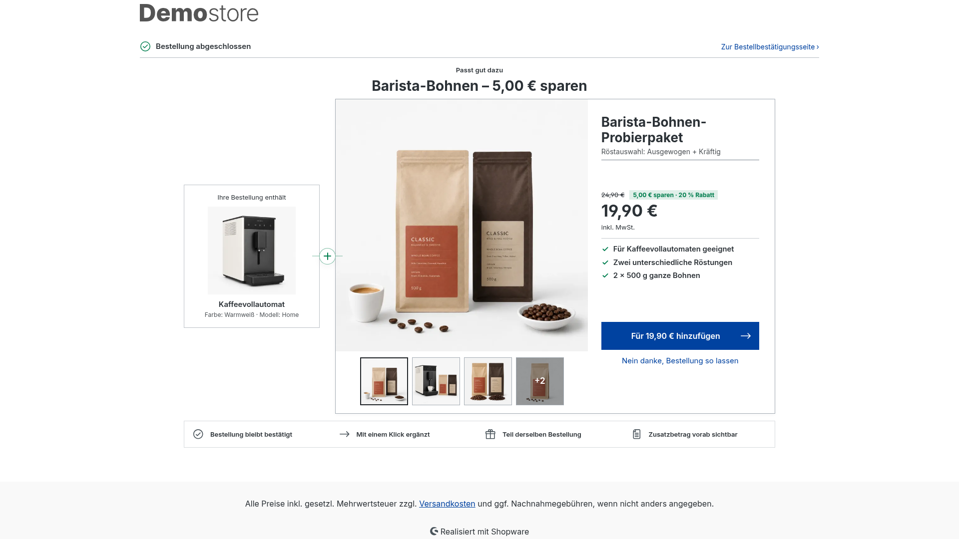 Angebotsseite mit Barista-Bohnen als Zusatzangebot zu einem Kaffeevollautomaten