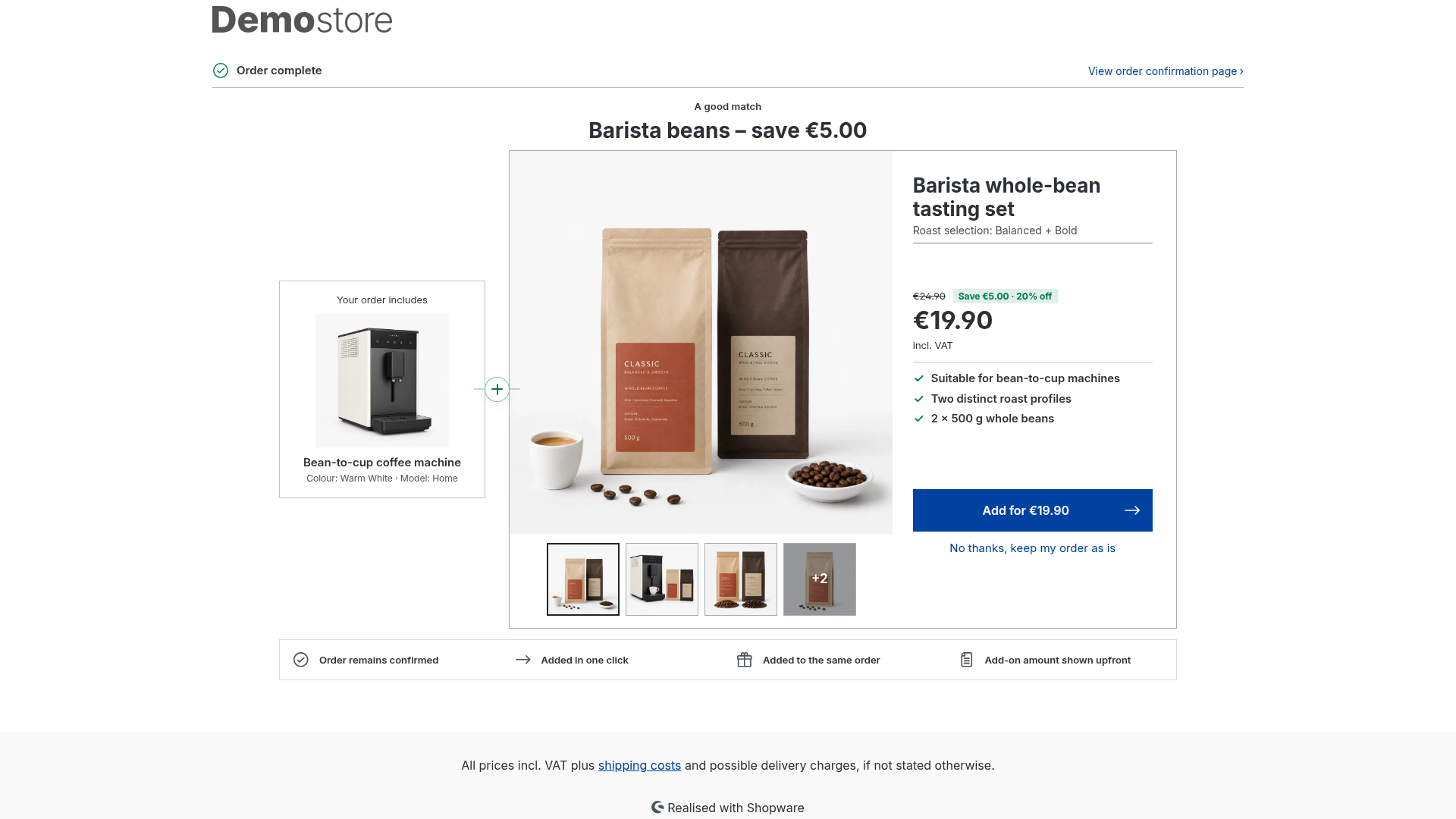 Offer page showing barista coffee beans as an add-on offer for a coffee machine