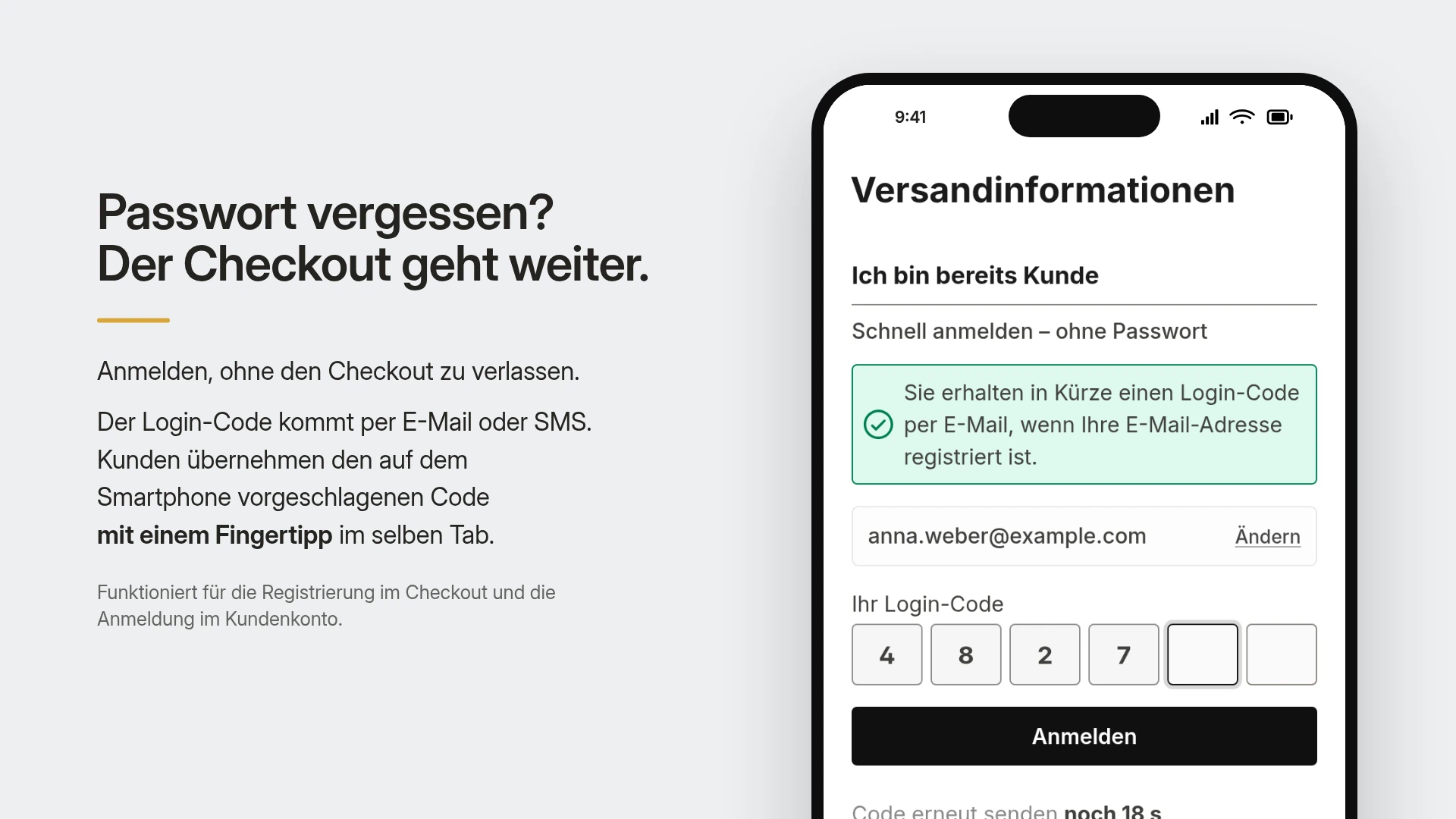 QuickAuth hält den Checkout bei vergessenem Passwort offen: Login-Code per E-Mail oder SMS im selben Tab, für Checkout und Kundenkonto.
