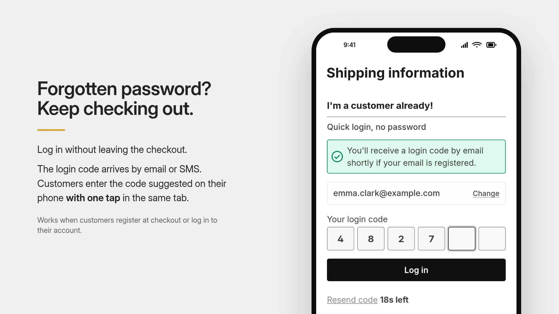 QuickAuth keeps checkout open after a forgotten password: a login code by email or SMS in the same tab, for checkout and customer accounts.