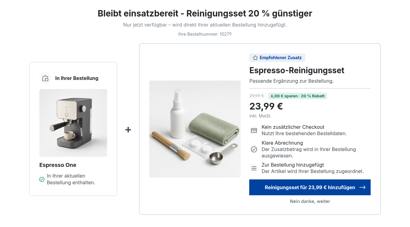 Post-Purchase-Upsell-Angebot: Espresso One mit Espresso-Reinigungsset