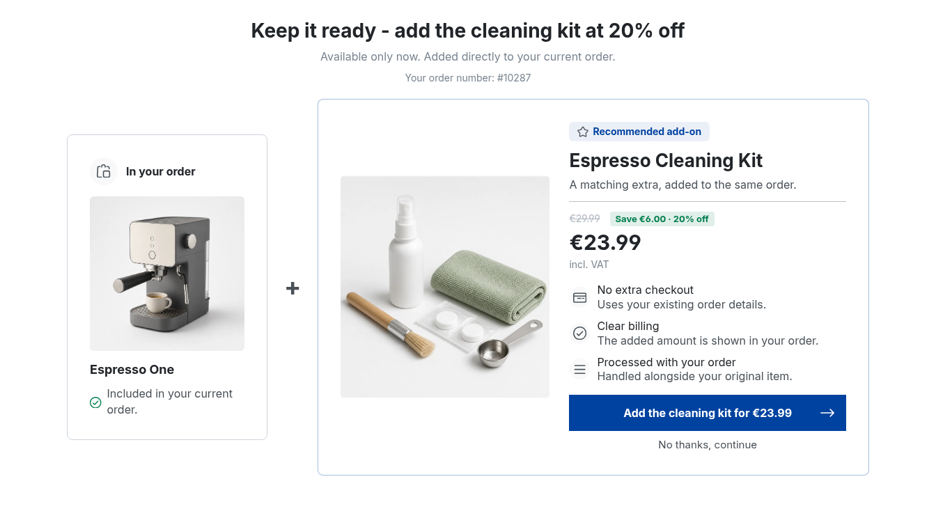 Post-Purchase Upsell offer: Espresso One with espresso cleaning kit