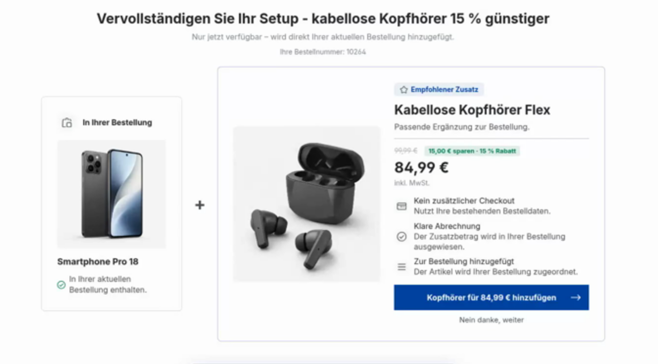 Die Angebotsseite von Post-Purchase Upsell im Demo-Shop