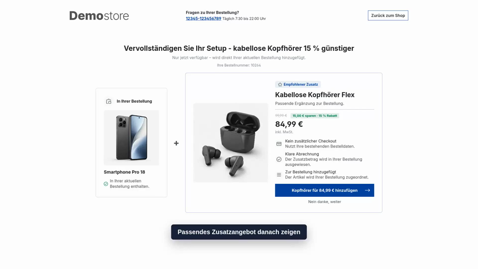 Vorschau der Post-Purchase-Upsell-Demo im Shopware-Shop