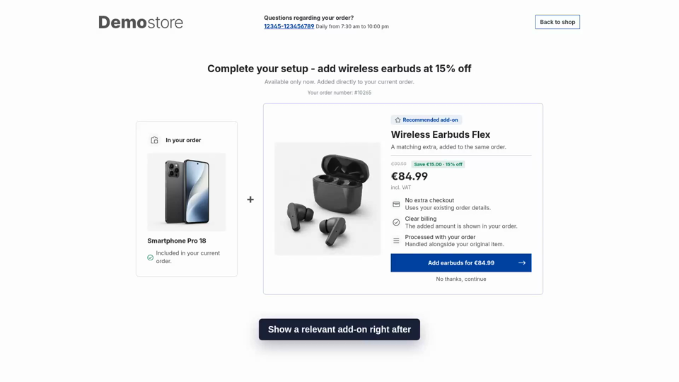 Preview of the Post-Purchase Upsell demo in a Shopware shop