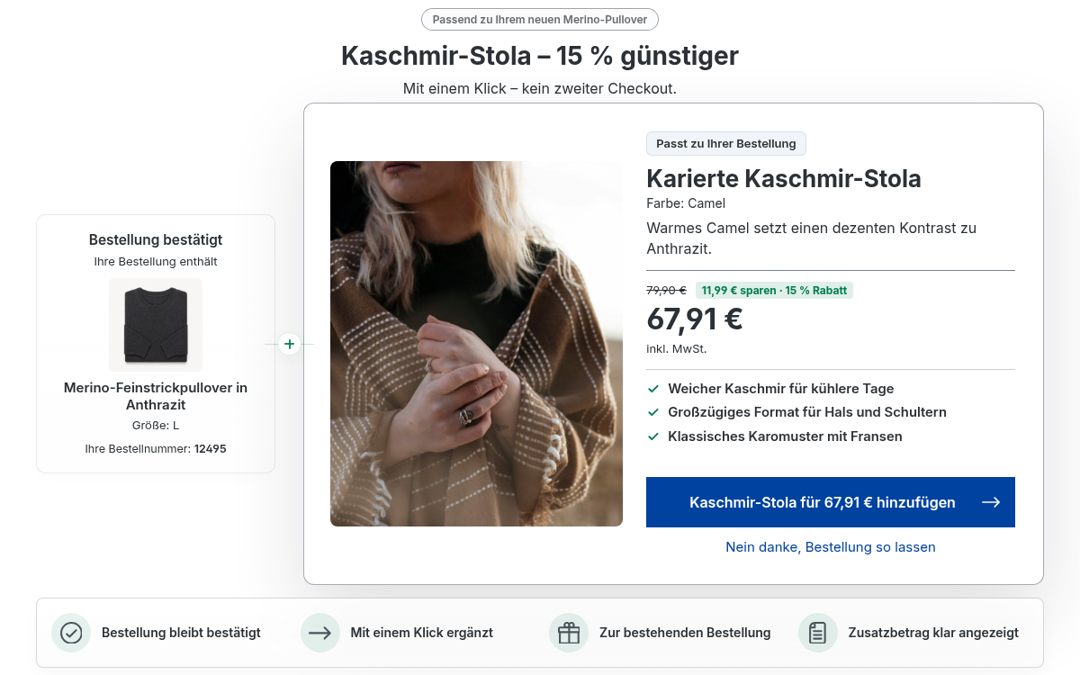 Produktdemo: Bestellung abschließen, die Kaschmir-Stola annehmen und dieselbe Bestellung ergänzt sehen