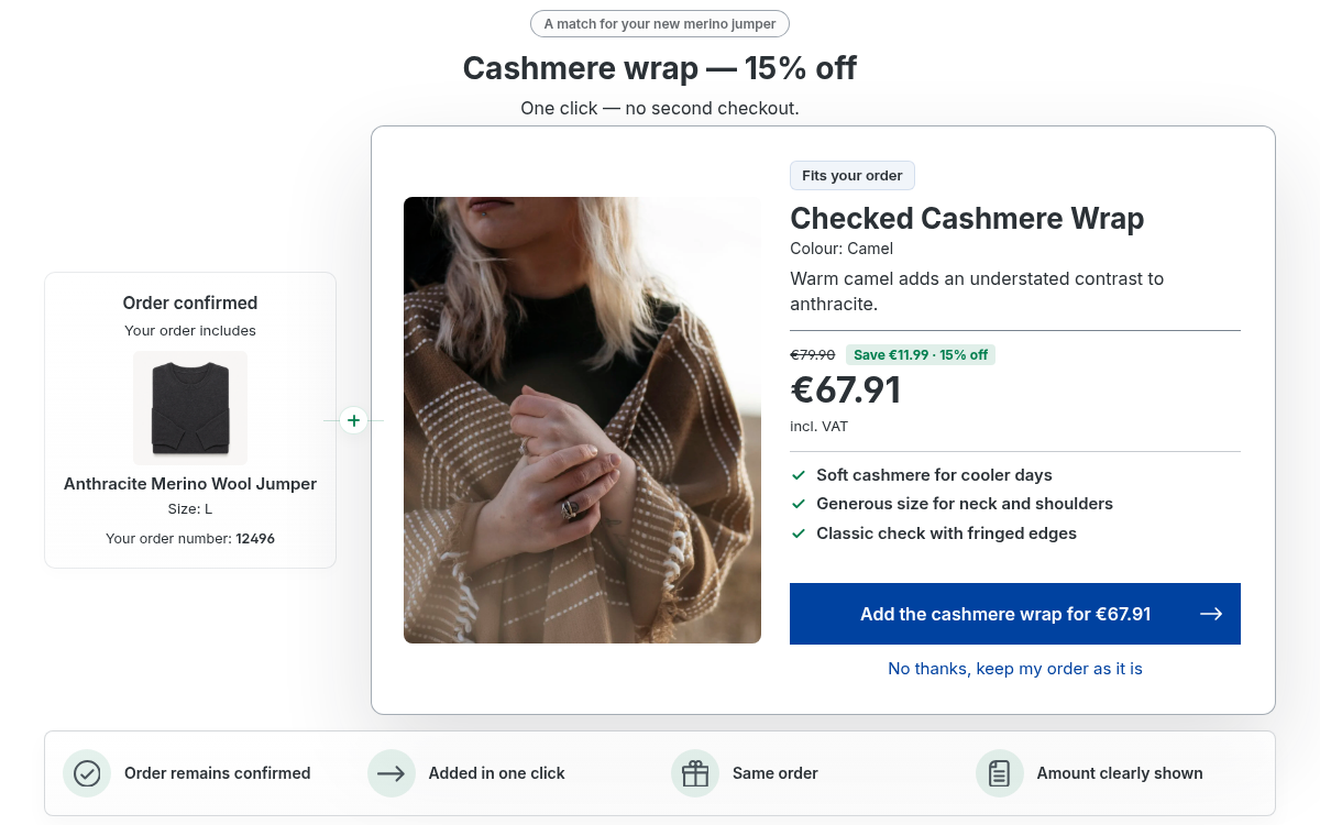 Product demo: complete an order, accept the cashmere wrap and see the same order updated
