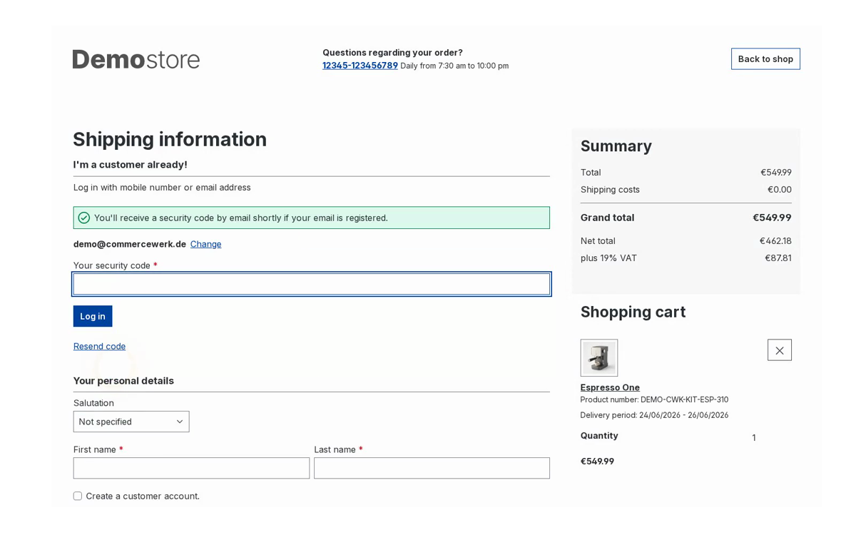 Demo: add a product to the cart, sign in at checkout with a one-time code, order completed.